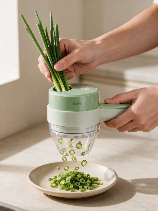 Spring onion being fed into the chopper, sliced rings falling into a dish below