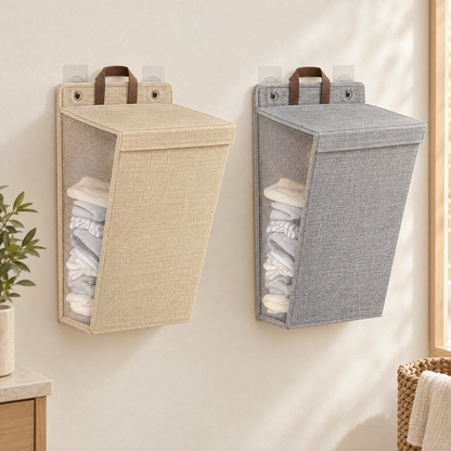 Beige and Grey wall-hanging laundry hampers side by side