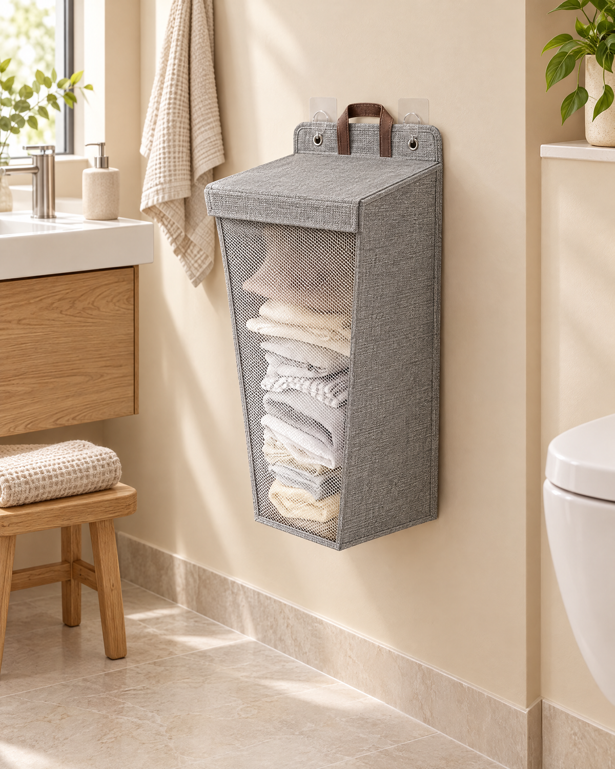 Hamper on the wall of a compact bathroom, floor below left clear