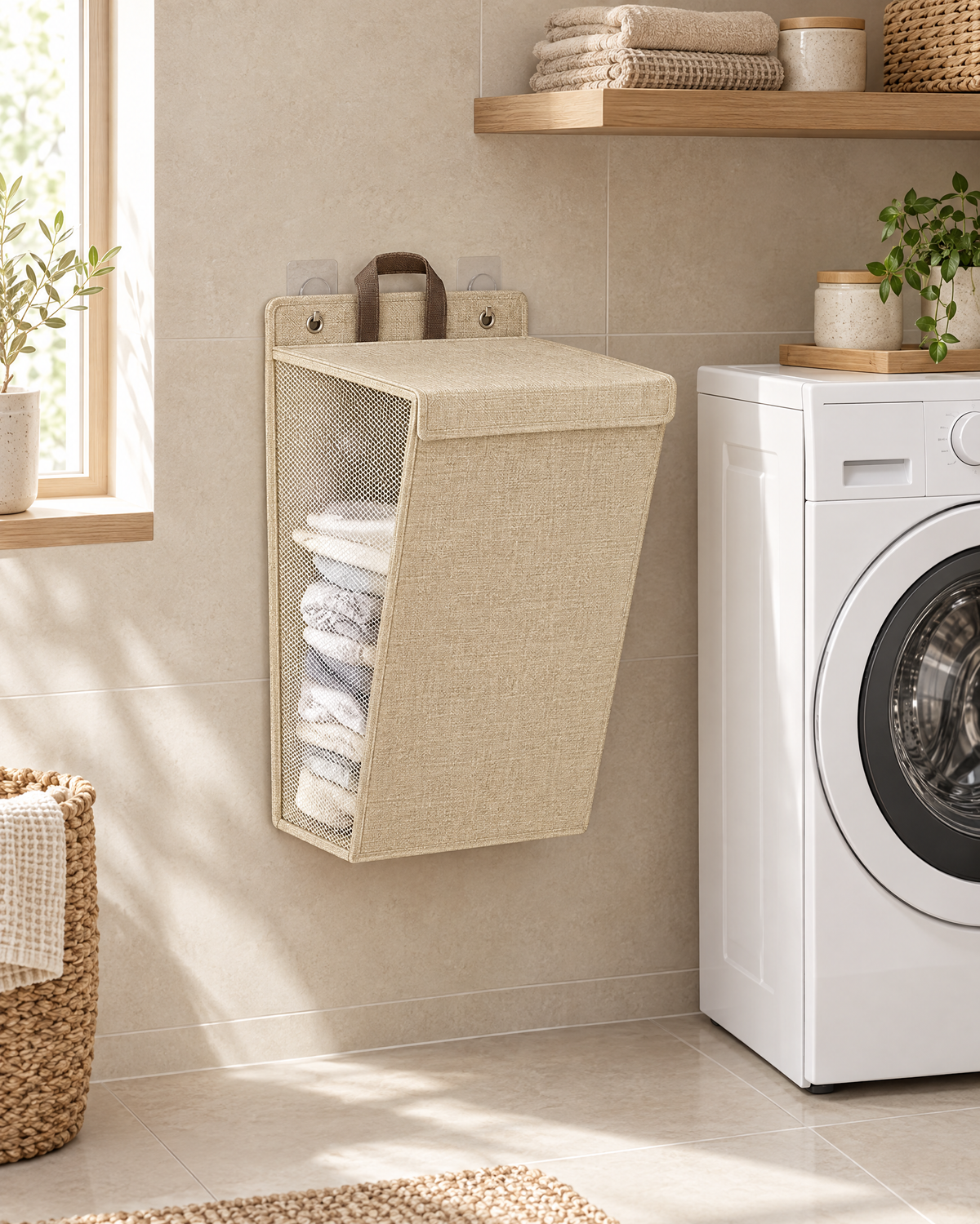 Beige hamper hanging beside a washing machine in a laundry room