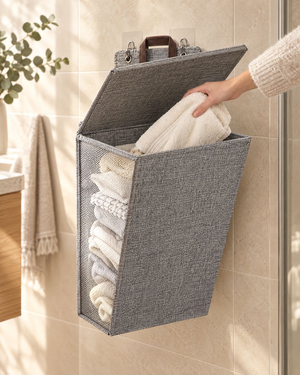 Hand dropping a towel into the open hamper hanging on a bathroom wall